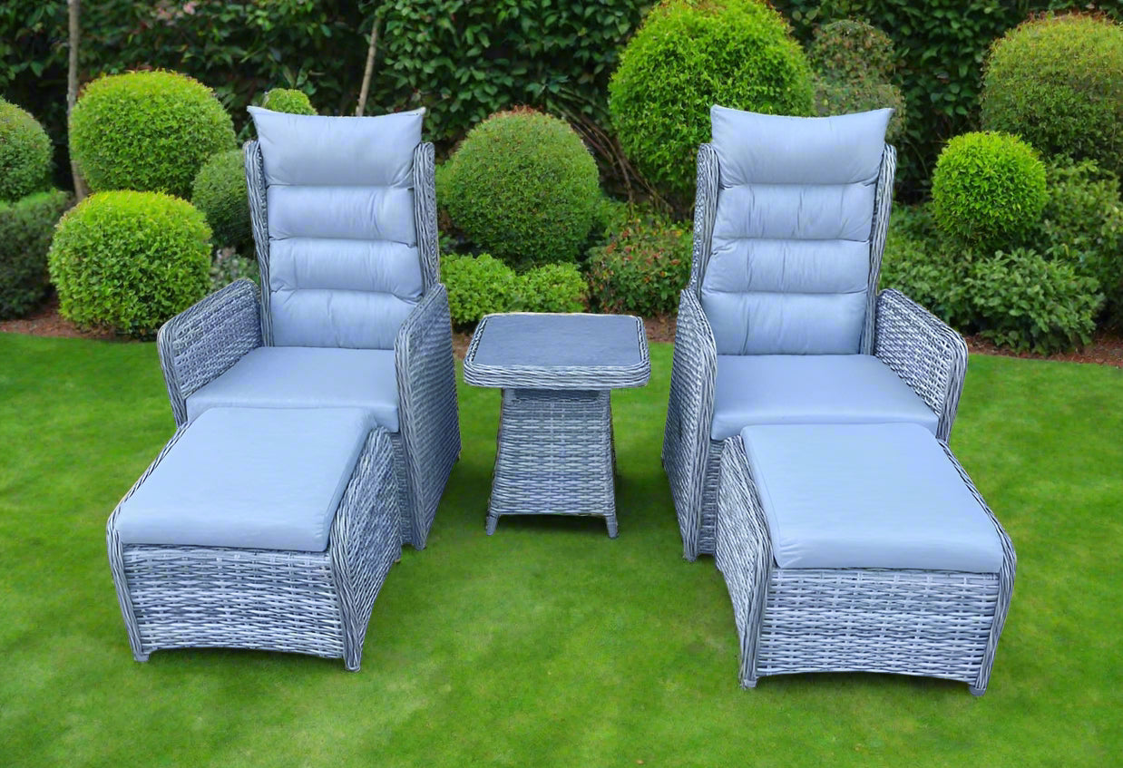 Luxury Rattan and Aluminium Frame Reclining Five Piece Lounge Set – Grey / Beige