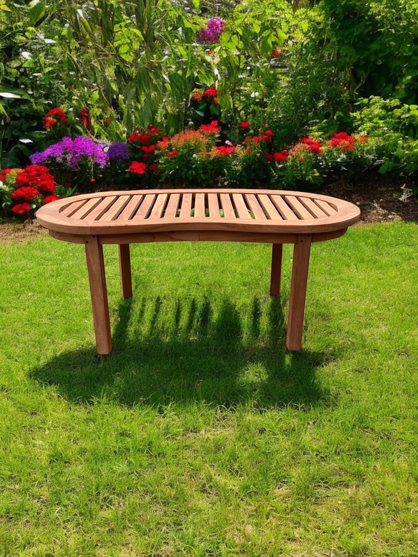 Teak Vertical Harmony Curved Garden Bench With Coffee Table Extra Thick (Deluxe) Two Piece Garden Set