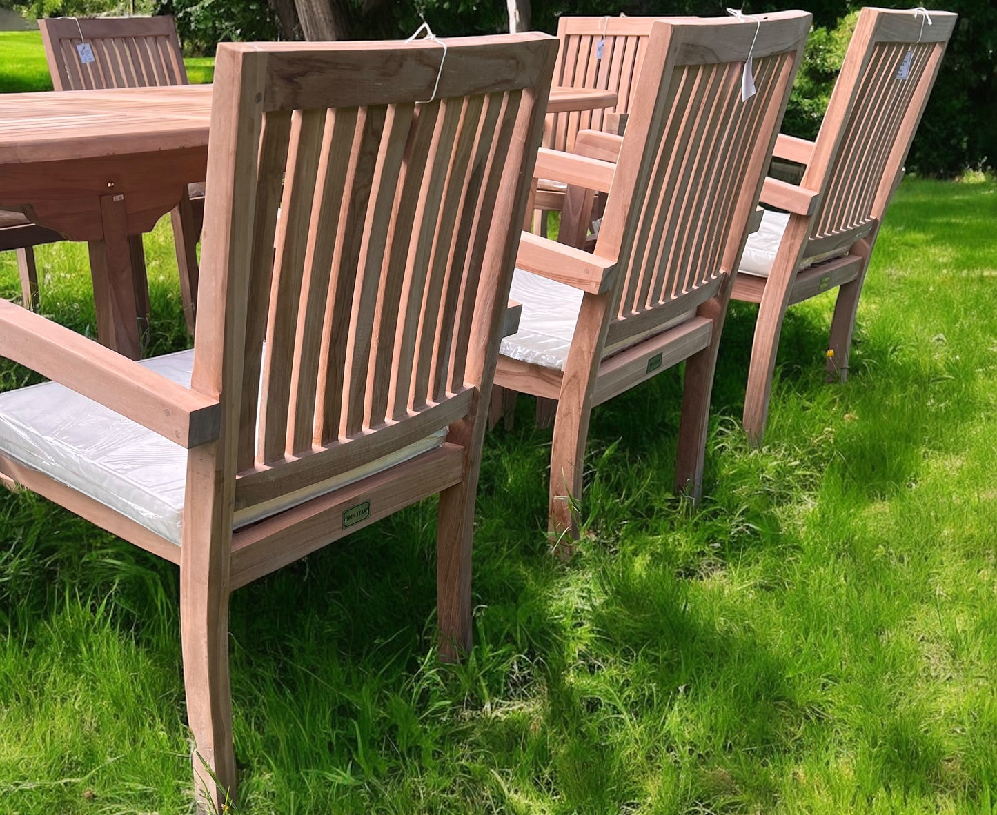 Teak Garden Furniture Set 180cm - 240cm Extending Dining Table 8 Elysian Stacking Chairs With Cushions