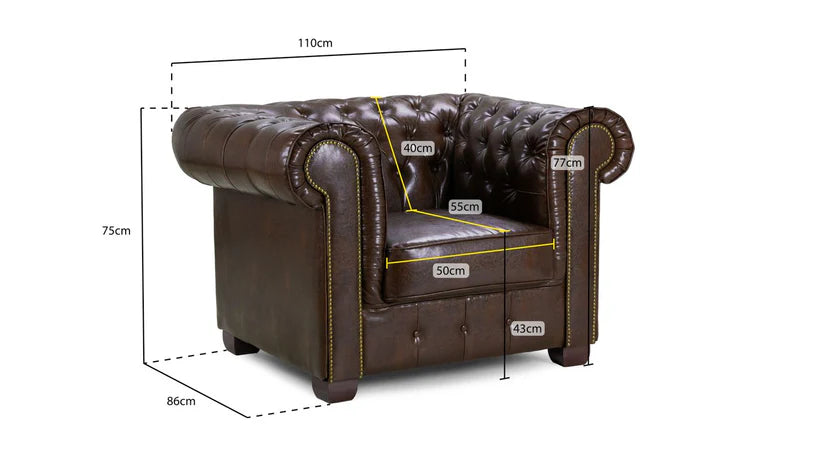 Chesterfield Sofa Antique Brown Armchair 1 Seater