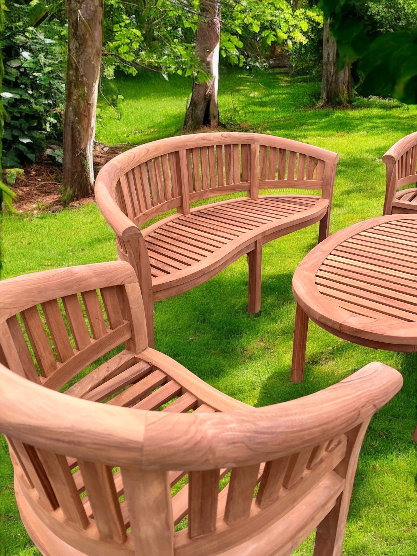 Teak Harmony Curved Garden Bench Set Vertical With Coffee Table Four Piece