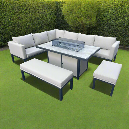 Savannah Aluminium Corner Dining Set With Fire Pit – GREY