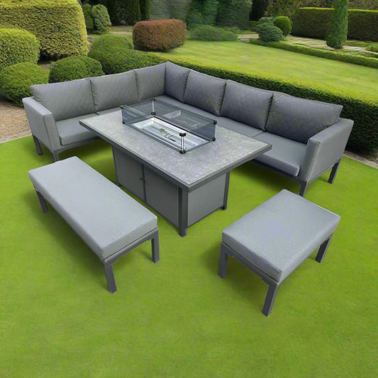 Savannah Aluminium Corner Dining Set With Fire Pit – GREY