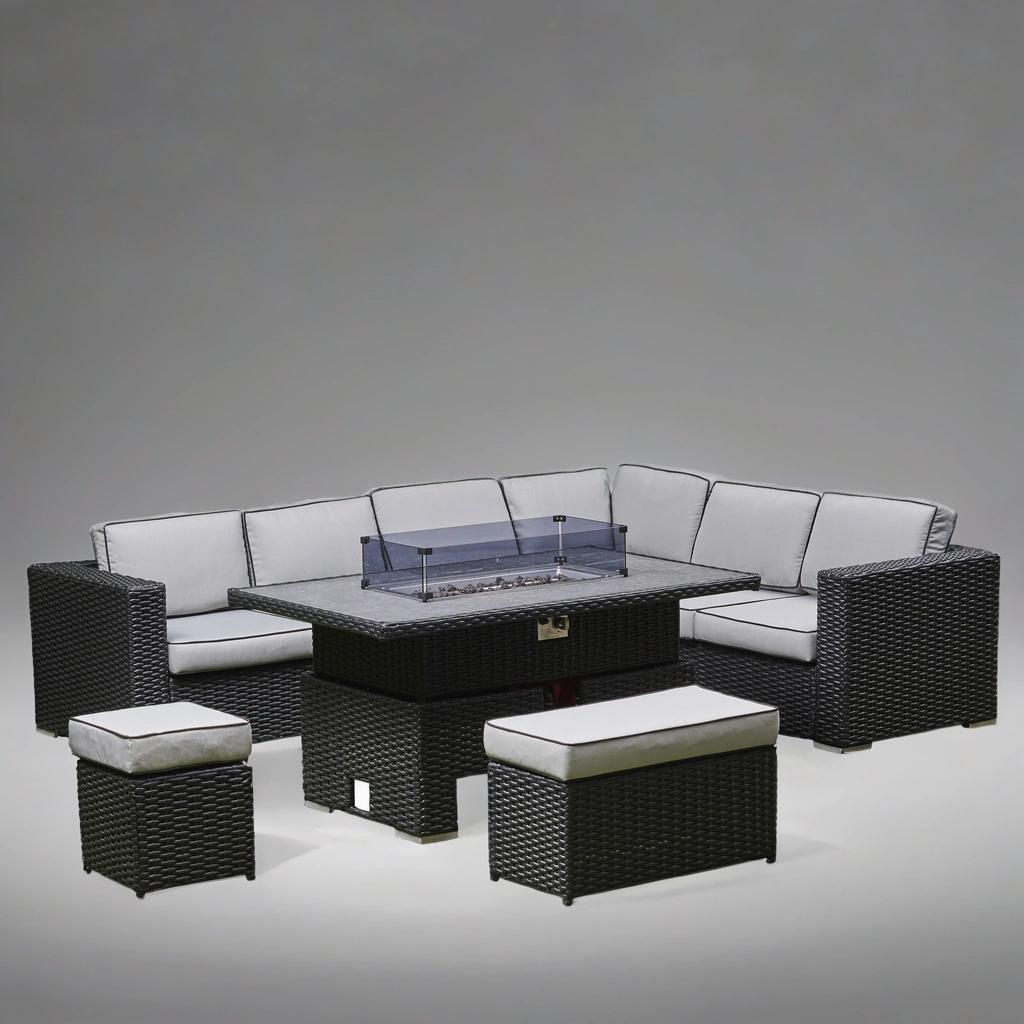 Arcadia Deluxe Rattan Firepit Corner Garden Set - Black