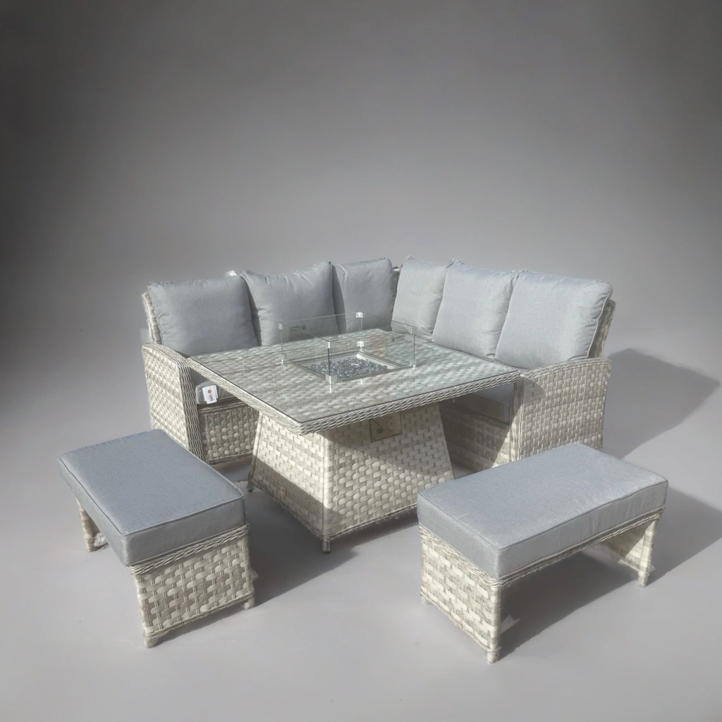 Luxury Sierra Rattan Firepit Corner Garden Set Outdoor Patio Furniture - Grey