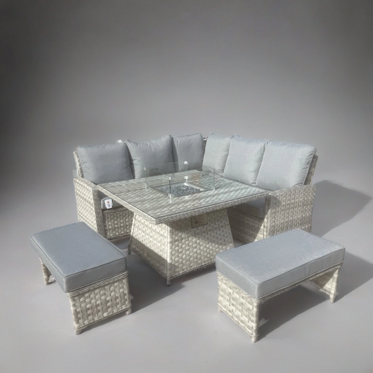 Luxury Sierra Rattan Firepit Corner Garden Set Outdoor Patio Furniture - Grey