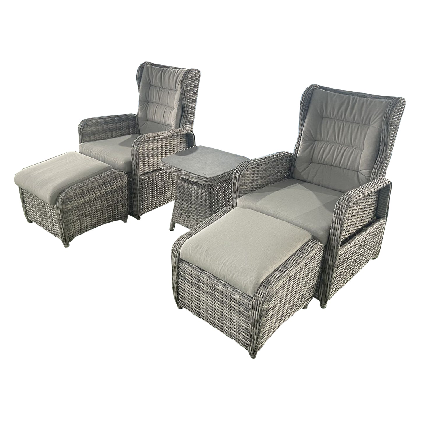 Luxury Rattan and Aluminium Frame Reclining Five Piece Lounge Set – Grey / Beige