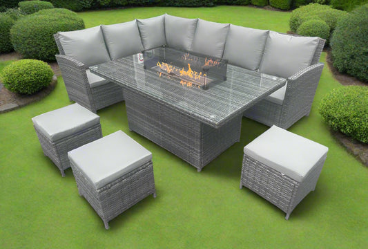 Luxury Rattan Firepit Corner Garden Set Outdoor Patio Furniture - Grey