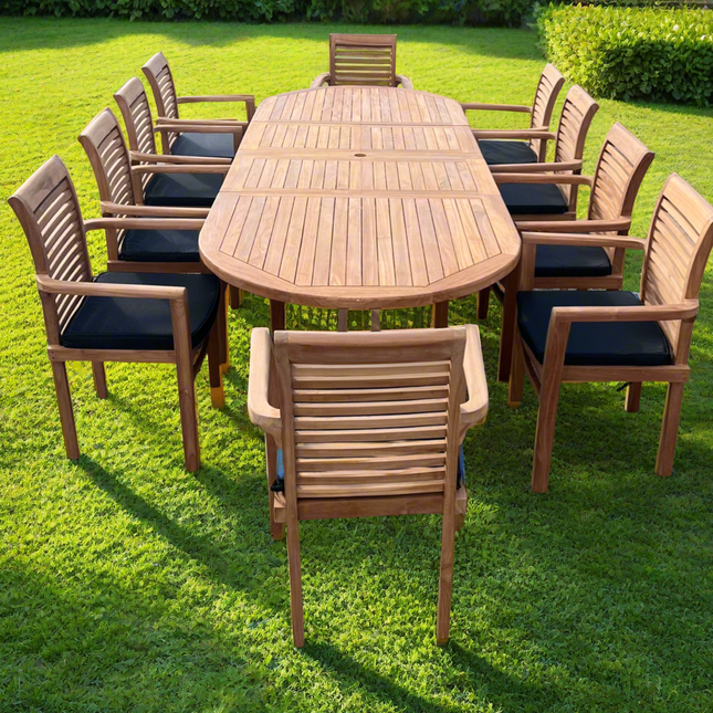 Teak Deluxe Garden Furniture Set 200cm - 300cm Dining Table 4CM Thick & 10 Chairs With Cushions