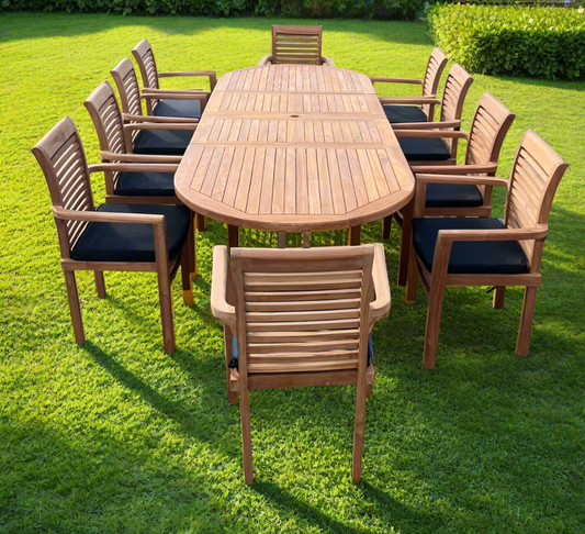 Teak Deluxe Garden Furniture Set 200cm - 300cm Dining Table 4CM Thick & 10 Chairs With Cushions