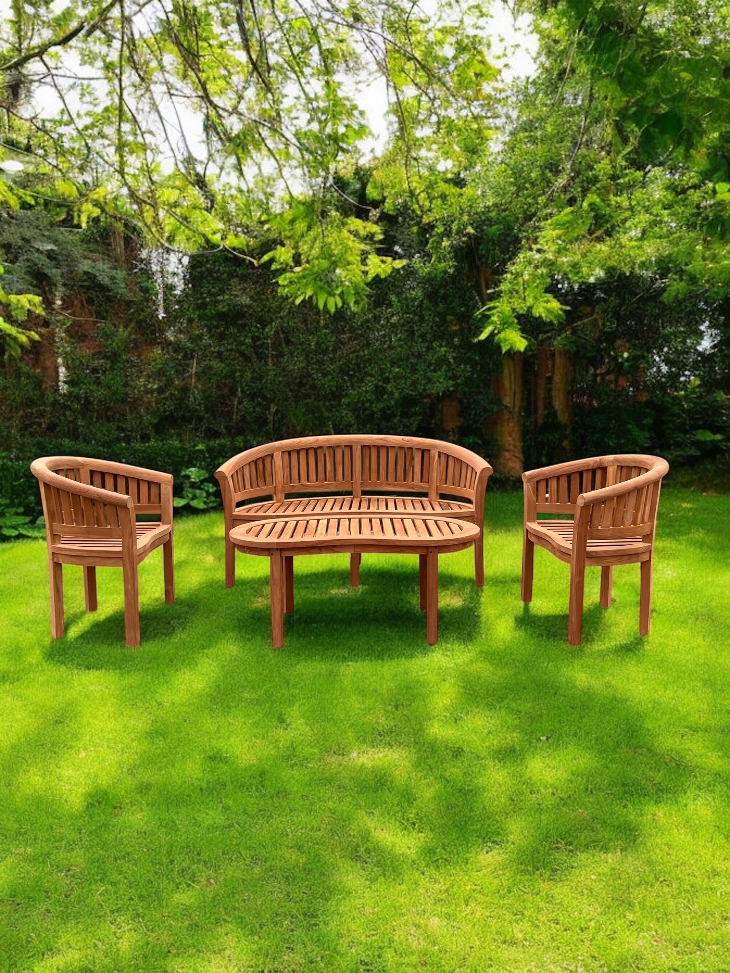 Teak Banana Curved Garden Bench Set With Coffee Table Four Piece