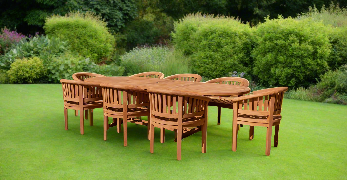 Teak Deluxe Garden Furniture Set 200cm - 300cm Oval Dining Table 4CM Thick & 8 Deluxe Banana Chairs With Cushions