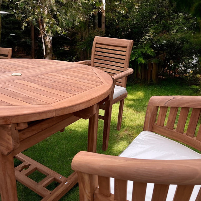 Teak Deluxe Garden Furniture Set 6 Seater 120cm - 170cm Dining Table 4  Enclave Stacking Chairs & 2 Harmony Chairs With Cushions
