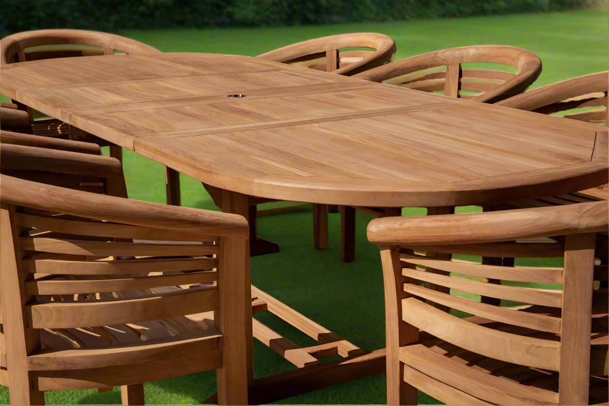 Teak Deluxe Garden Furniture Set 200cm - 300cm Oval Dining Table 4CM Thick & 8 Deluxe Horizontal Banana Chairs With Cushions