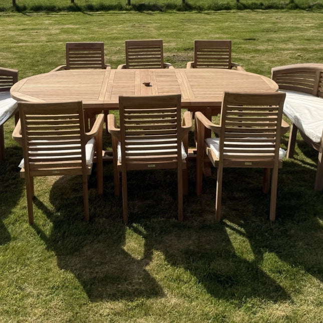 Teak Garden Furniture Set 4cm 180cm - 240cm Extending Dining Table & 6 Chairs + 2 Harmony Curve Benches