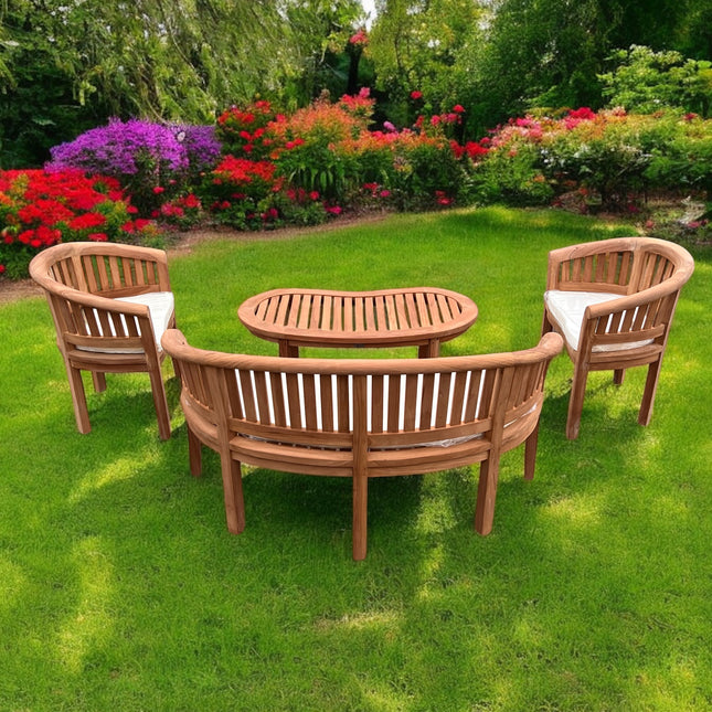 Teak Harmony Curved Garden Bench Set Vertical With Coffee Table Four Piece