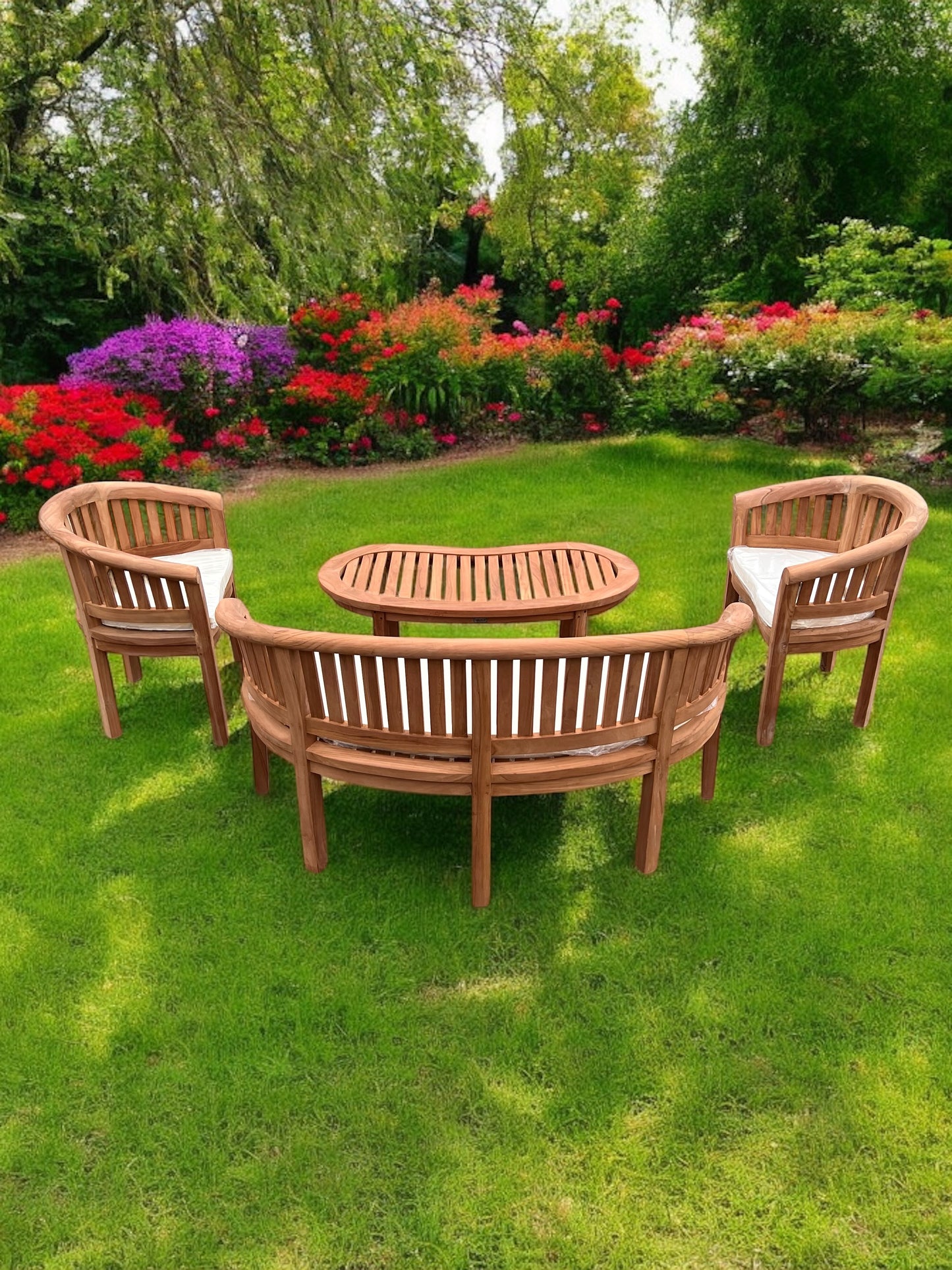 Teak Banana Curved Garden Bench Set With Coffee Table Four Piece