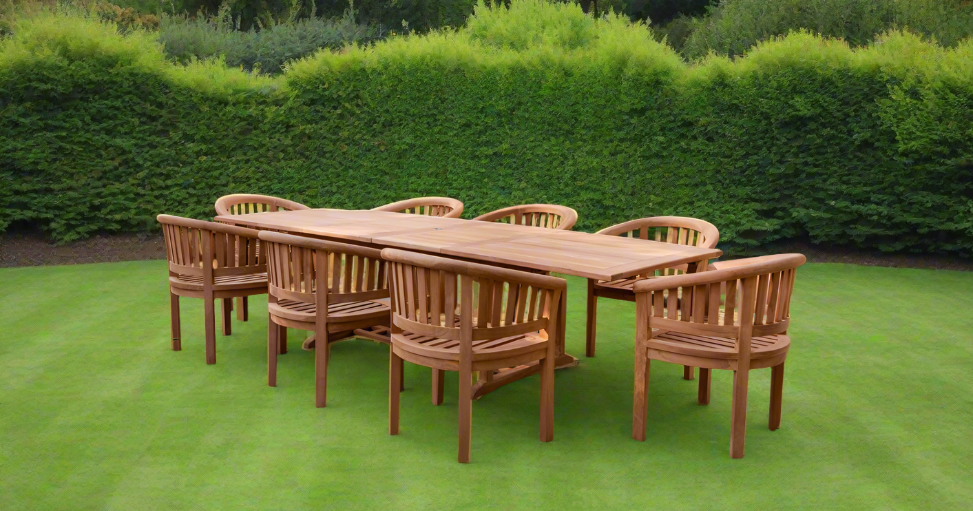 Teak Deluxe Garden Furniture Set 200cm - 300cm Rectangle Dining Table 4CM Thick & 8 Deluxe Banana Chairs With Cushions