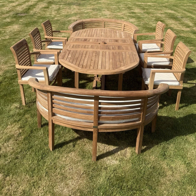 Teak Garden Furniture Set 4cm 180cm - 240cm Extending Dining Table & 6 Chairs + 2 Harmony Curve Benches