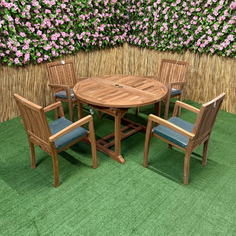 Teak Deluxe Garden Furniture Set 120cm - 170cm Oval Dining Table 4cm Thick Double leaf & 4 Elysian Stacking Chairs With Cushions