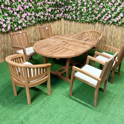 Teak Deluxe Garden Furniture Set 4 Seater 120cm - 170cm Dining Table 2 Elysian Stacking Chairs & 2 Harmony Chairs With Cushions