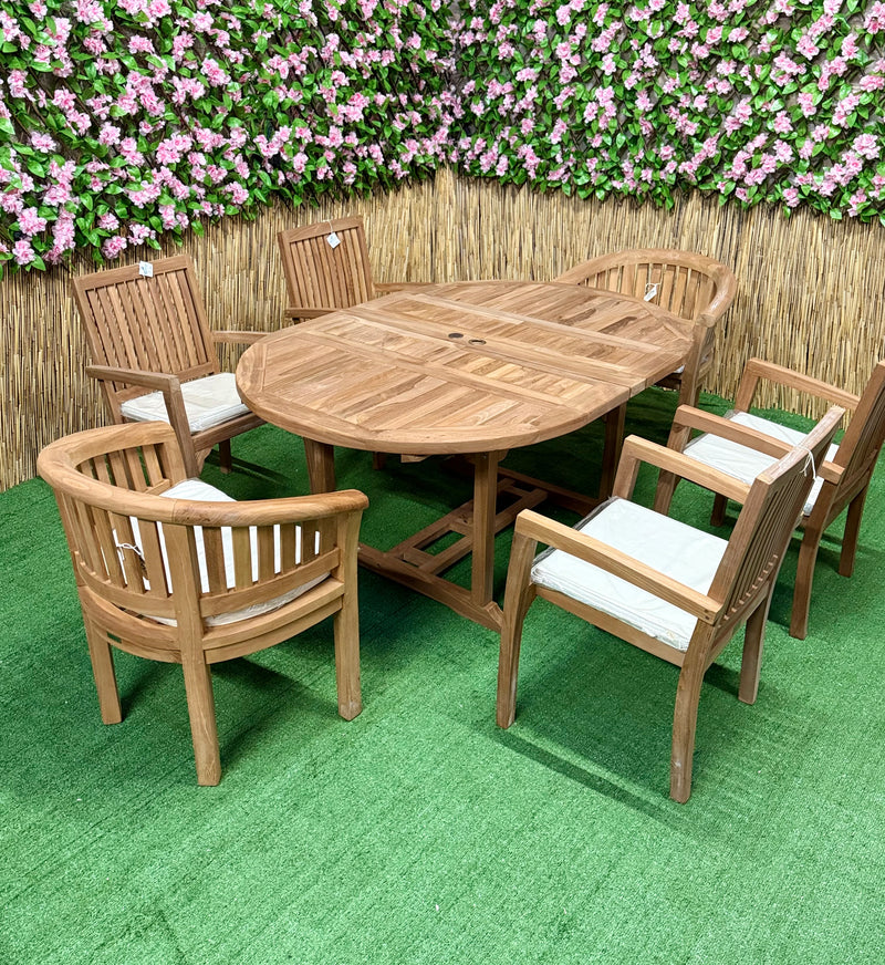Teak Deluxe Garden Furniture Set 6 Seater 120cm - 170cm Dining Table 4  Elysian Stacking Chairs & 2 Harmony Chairs With Cushions
