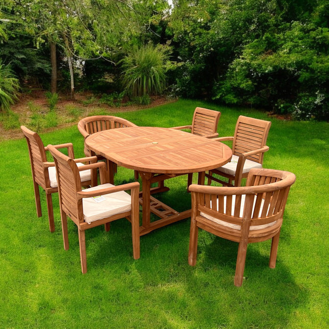 Teak Deluxe Garden Furniture Set 6 Seater 120cm - 170cm Dining Table 4  Enclave Stacking Chairs & 2 Harmony Chairs With Cushions