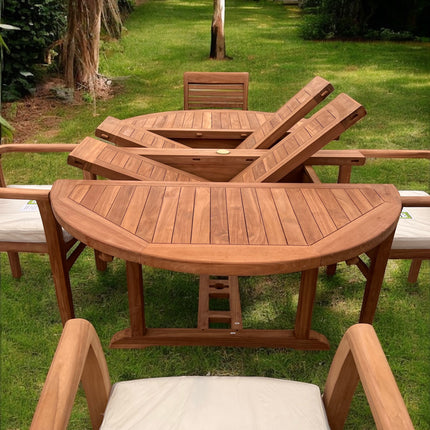 Teak Deluxe Garden Furniture Set 120cm - 170cm Oval Dining Table 4cm Thick & 6 Enclave Stacking Chairs With Cushions