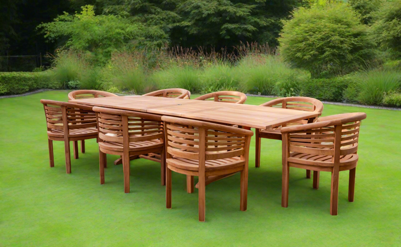 Teak Deluxe Garden Furniture Set 200cm - 300cm Rectangle Dining Table 4CM Thick & 8 Deluxe Horizontal Banana Chairs With Cushions