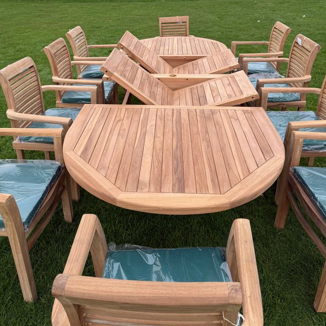 Teak Deluxe Garden Furniture Set 200cm - 300cm Dining Table 4CM Thick & 10 Enclave Chairs With Cushions