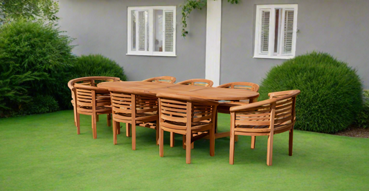 Teak Deluxe Garden Furniture Set 200cm - 300cm Oval Dining Table 4CM Thick 2 Horizontal Benches & 6 Deluxe Banana Chairs With Cushions