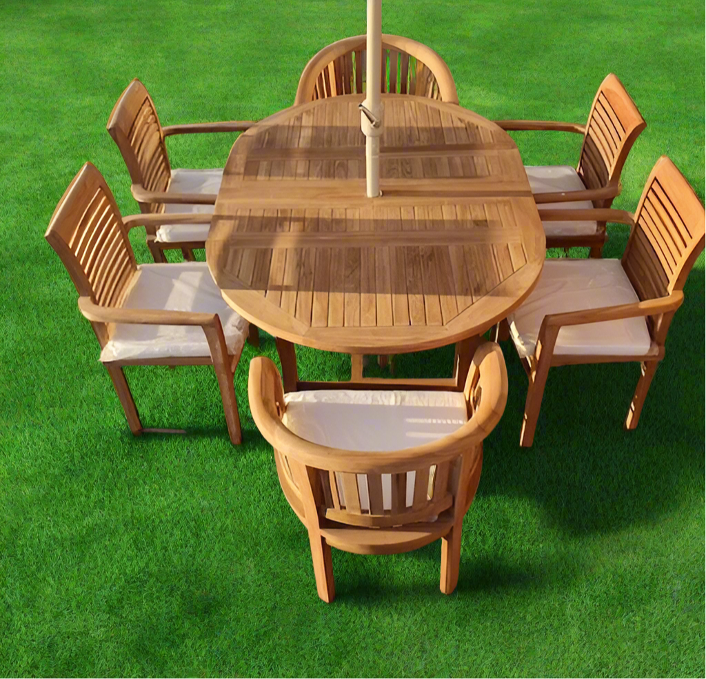 Teak Deluxe Garden Furniture Set 120cm - 170cm Dining Table 4  Western Stacking Chairs & 2 Banana Chairs With Cushions!