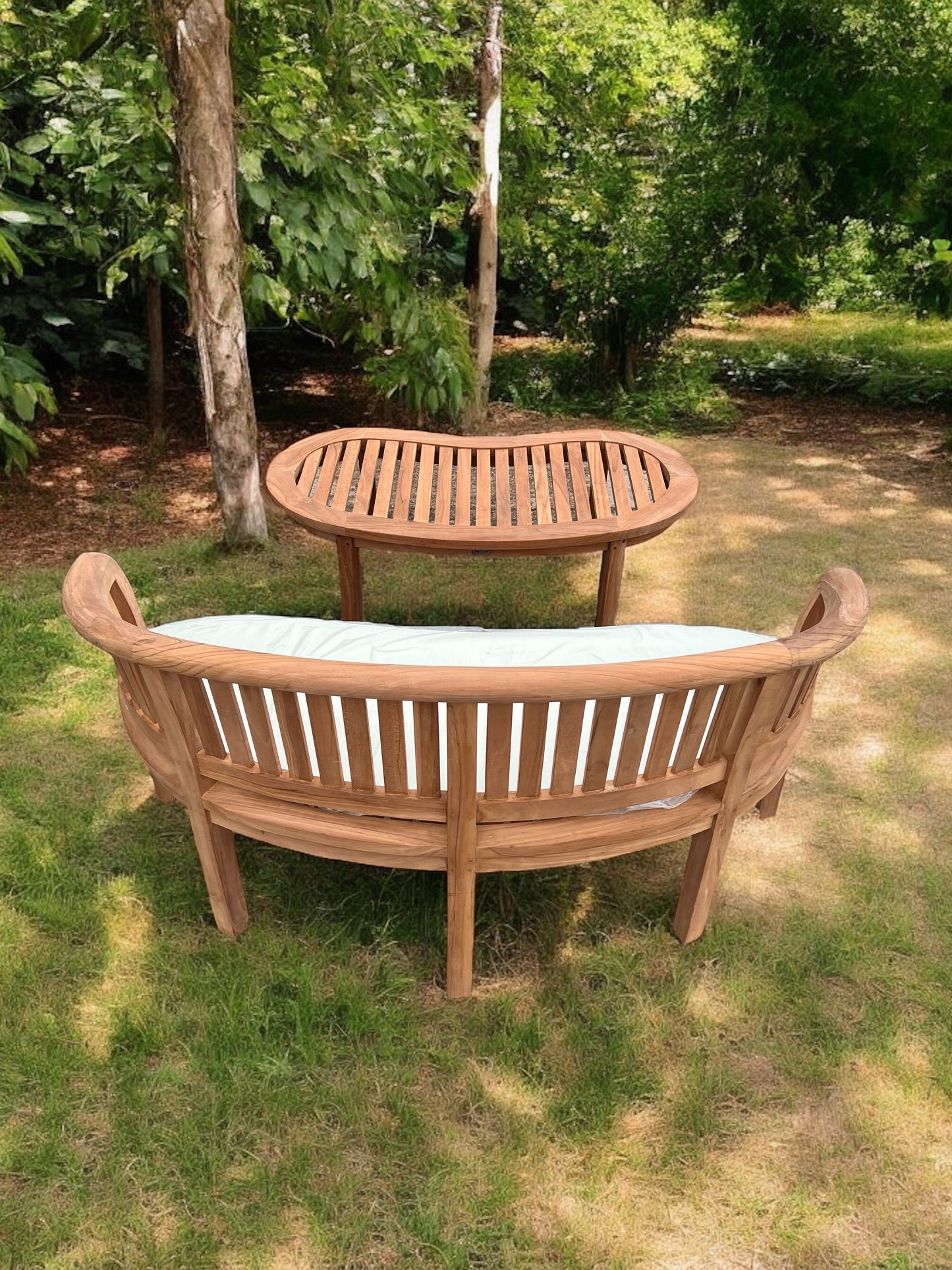 Teak Banana Curved Garden Bench With Coffee Table Two Piece Set