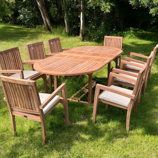 Teak Garden Furniture Set 180cm - 240cm Extending Dining Table 8 Elysian Stacking Chairs With Cushions