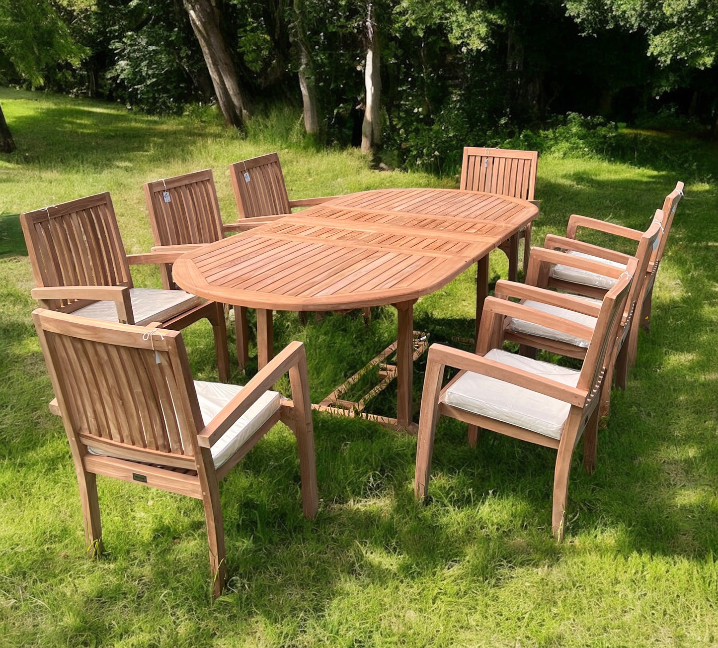 Teak Garden Furniture Set 180cm - 240cm Dining table & 8 Chairs with Cushions Monaco