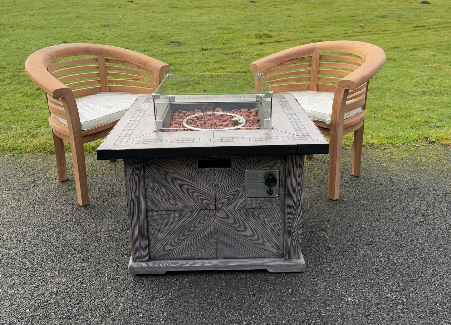 Teak Banana Chairs and Firepit Set Grey