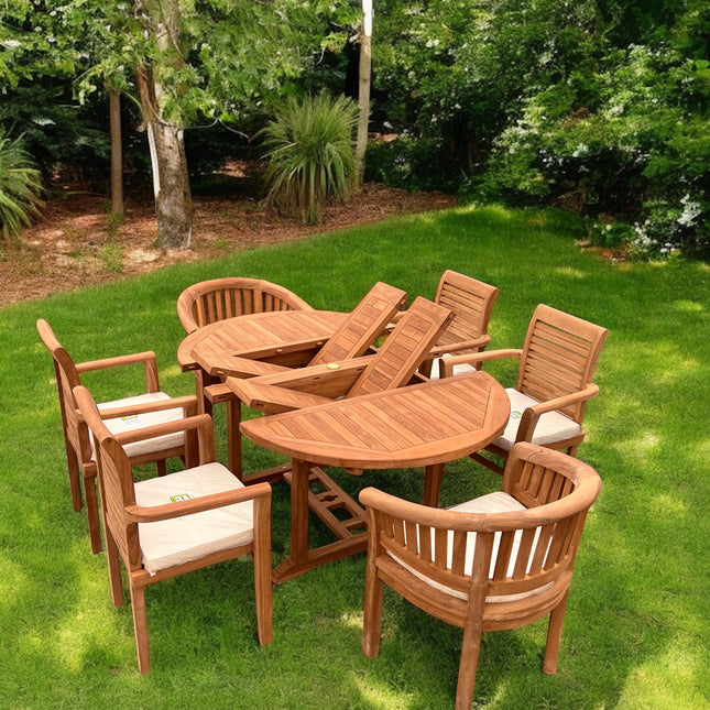 Teak Deluxe Garden Furniture Set 6 Seater 120cm - 170cm Dining Table 4  Enclave Stacking Chairs & 2 Harmony Chairs With Cushions
