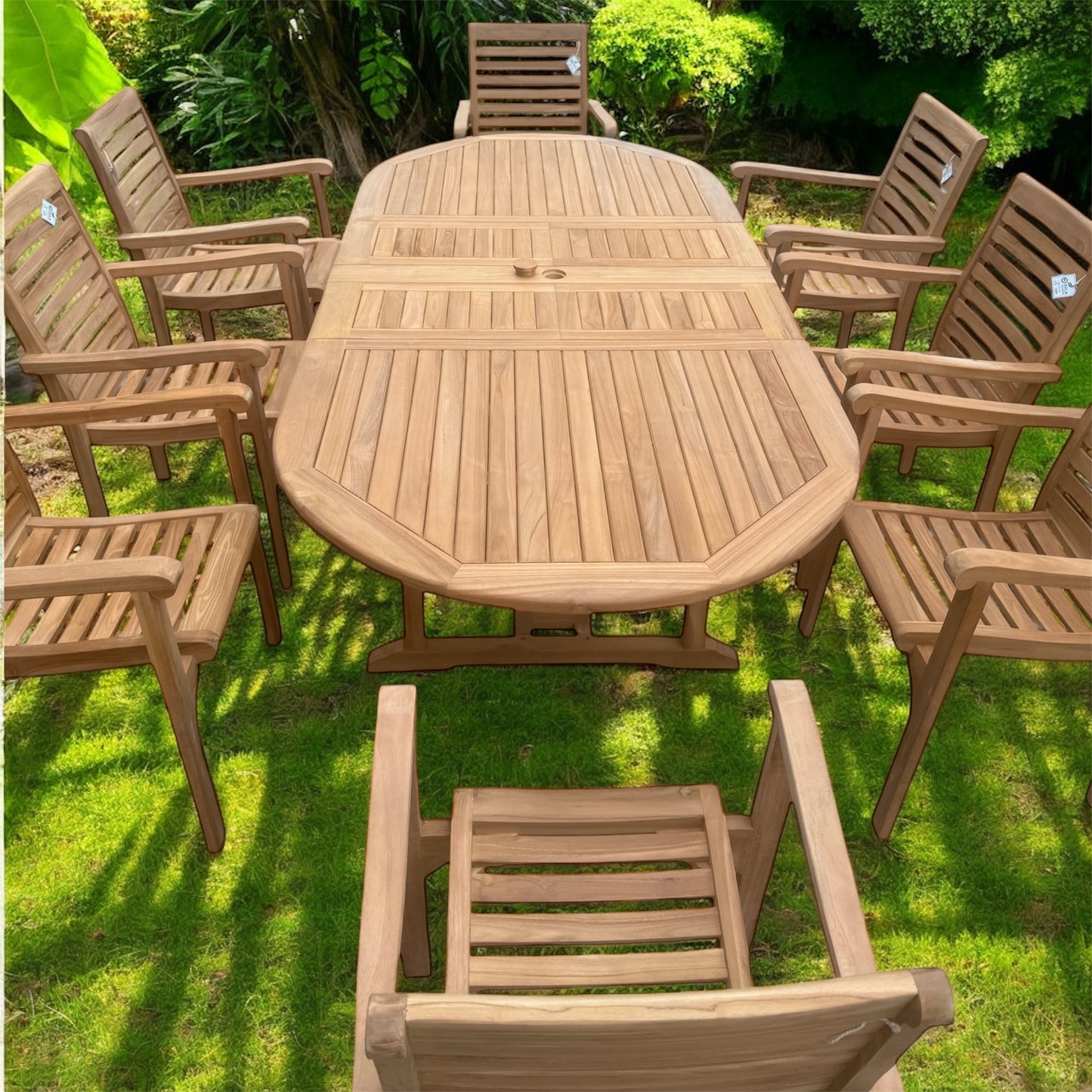 Teak Garden Furniture Set 180cm - 240cm Extending Dining Table & 8 Haven Chairs with Cushions