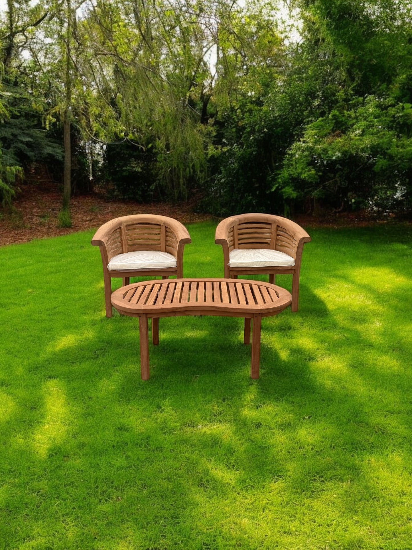 Teak Banana Curved Garden Bench Set Horizontal With Coffee Table Three Piece Extra Thick (Deluxe)