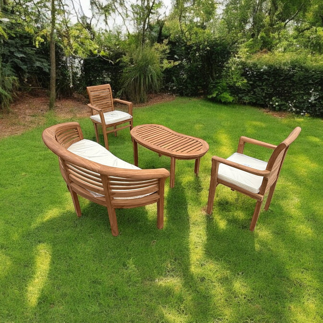 Teak Horizon Harmony Curved Garden Bench Set Coffee Table Two Enclave Stacking Chairs Four Piece