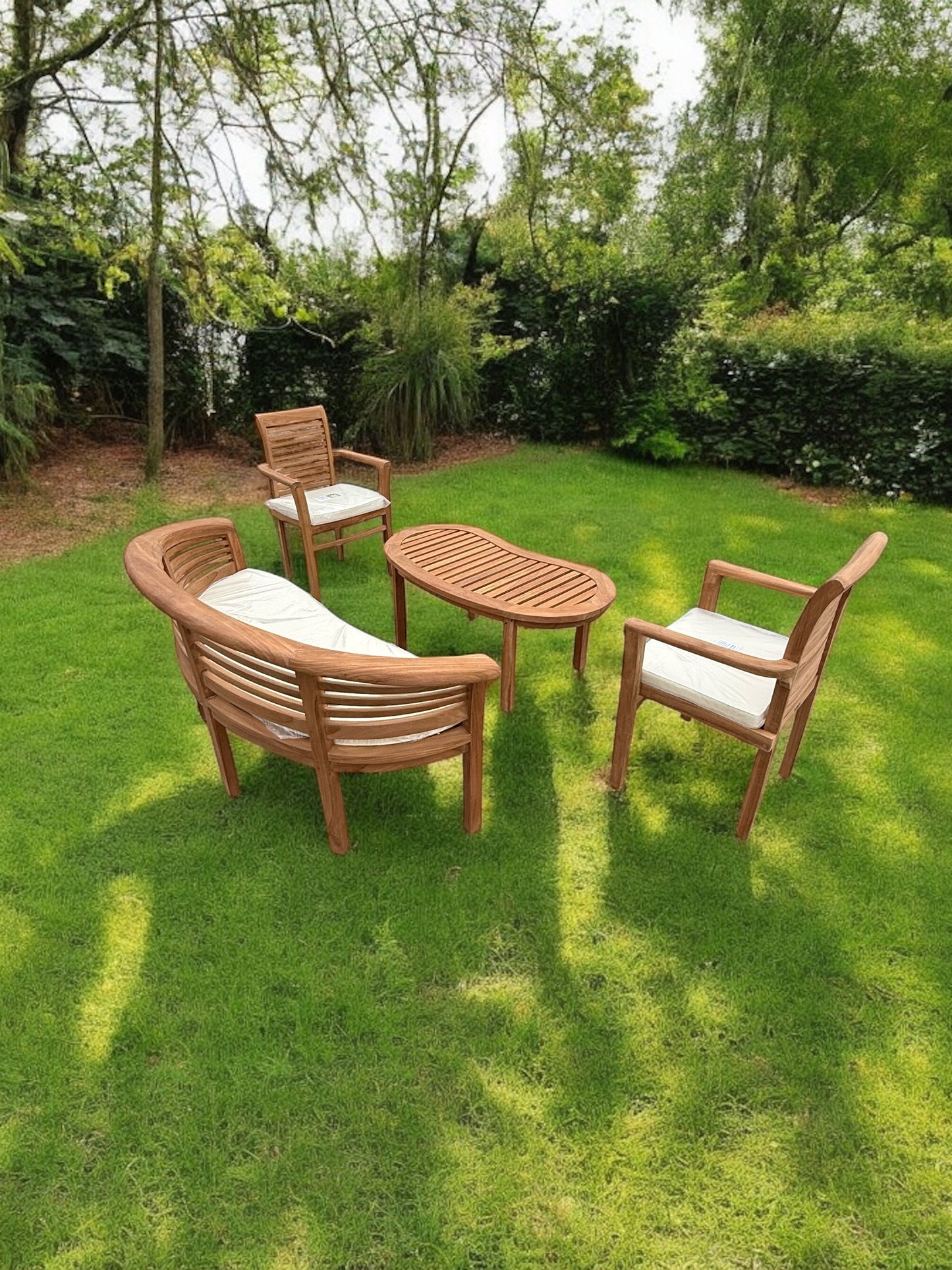 Teak Banana Curved Garden Bench Set Horizontal Bench Coffee Table & Two Chairs Four Piece