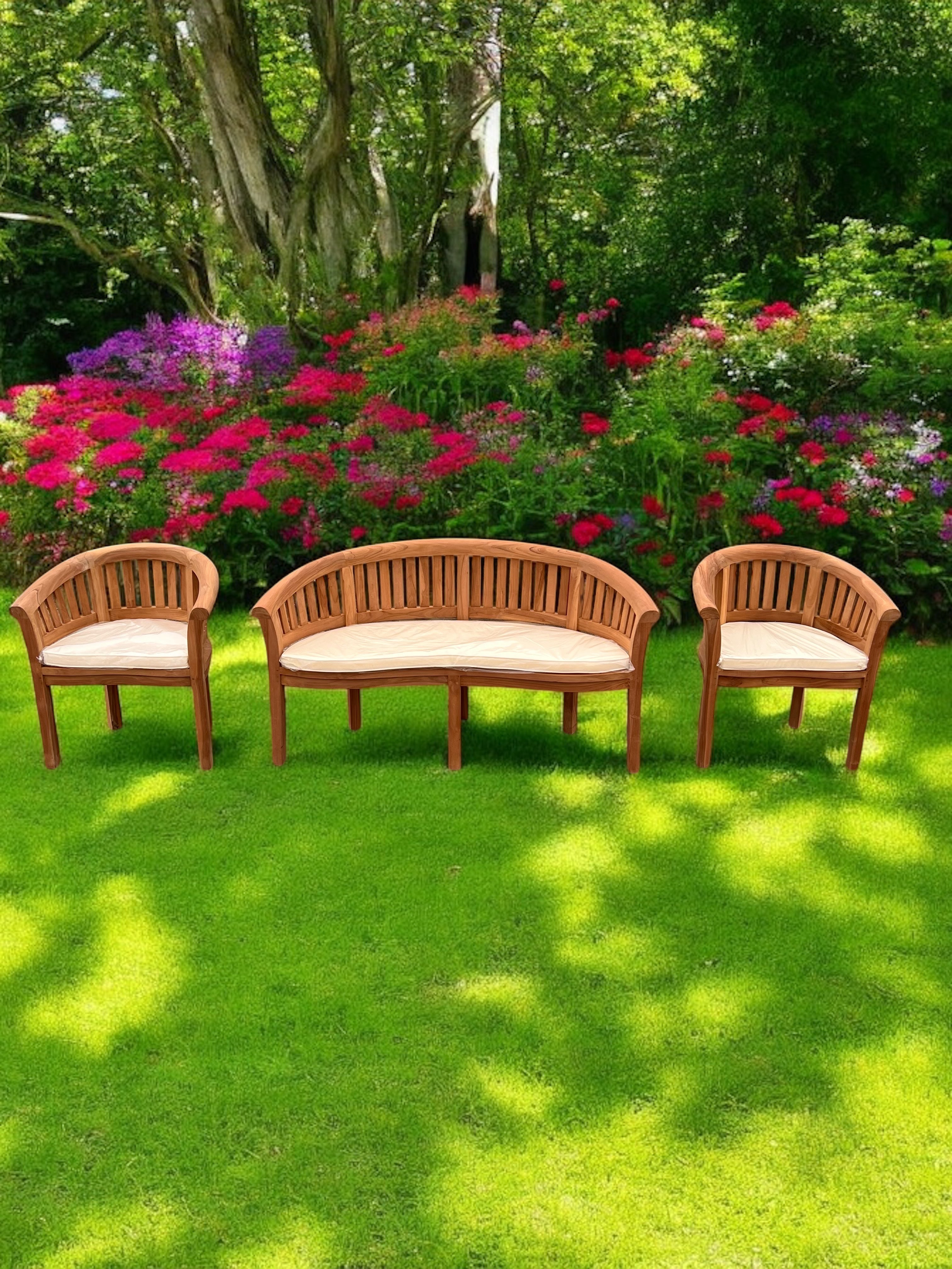 Teak Bench Rounded Harmony Curved Teak Garden Bench Set Vertical – RK Garden Furniture