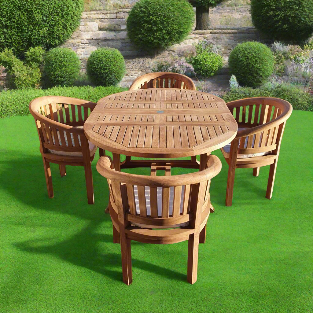 Teak Deluxe Garden Furniture Set 120cm - 170cm Dining Table & 4 Banana Chairs With Cushions!