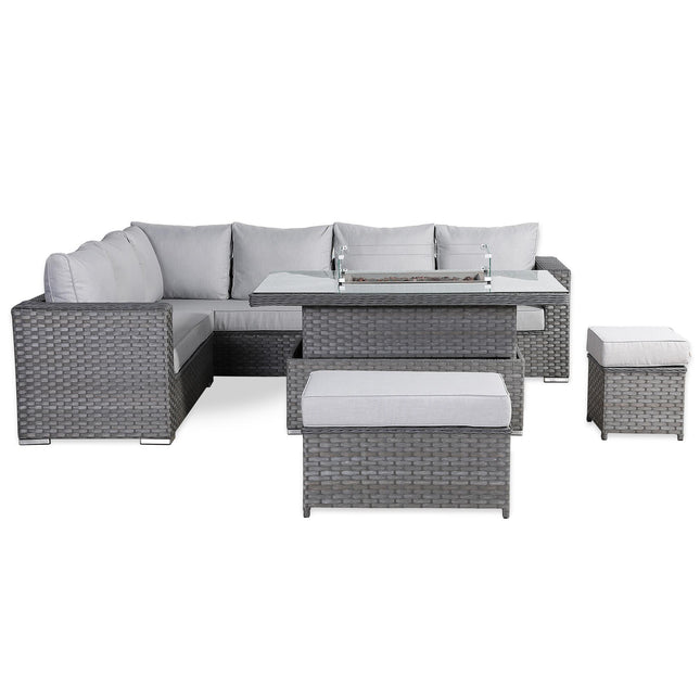 Calista Rattan Garden Furniture Corner Sofa Set With Rising Firepit Table Grey