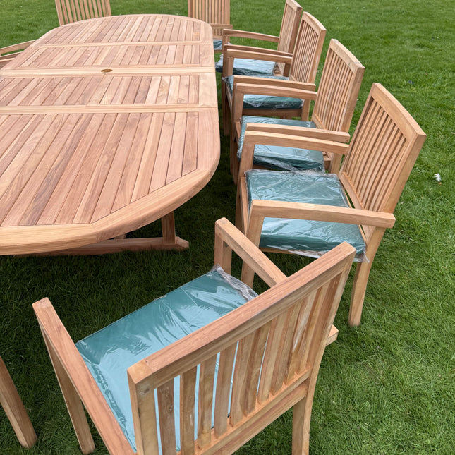 Teak Deluxe Garden Furniture Set 200cm - 300cm Dining Table 4CM Thick & 12 Elysian Chairs With Cushions