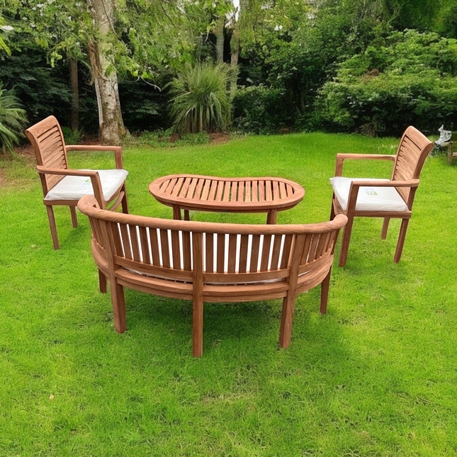 Teak Vertical Harmony Curved Garden Bench Set Coffee Table Two Enclave Stacking Chairs Four Piece