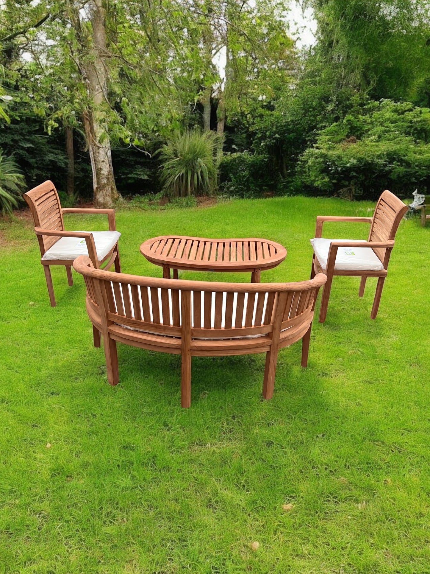 Teak Banana Curved Garden Bench Set Bench Coffee Table & Two Chairs Four Piece