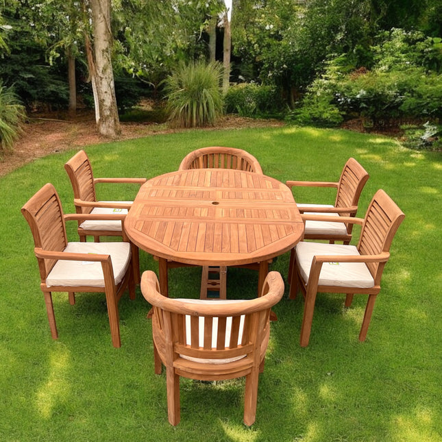 Teak Deluxe Garden Furniture Set 6 Seater 120cm - 170cm Dining Table 4  Enclave Stacking Chairs & 2 Harmony Chairs With Cushions