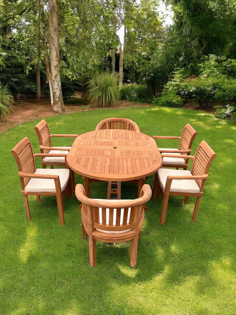 Teak Deluxe Garden Furniture Set 6 Seater 120cm - 170cm Dining Table 4  Enclave Stacking Chairs & 2 Harmony Chairs With Cushions