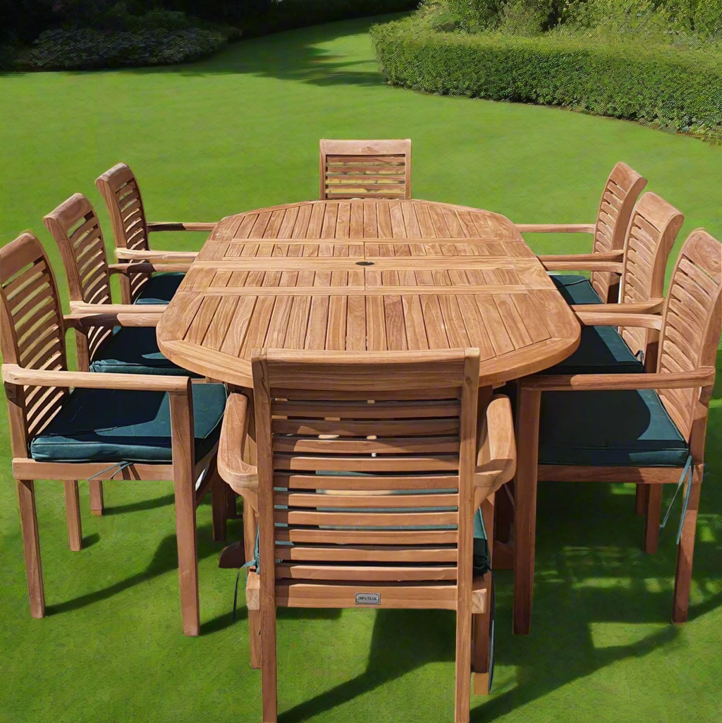 Teak Garden Furniture Set 180cm - 240cm 4CM Top Thick Dining table & 8 Chairs with Cushions